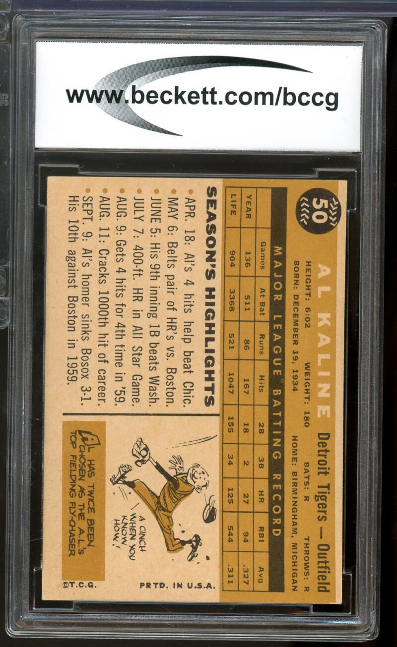 1960 Topps #50 Al Kaline Card BGS BCCG 8 Excellent+ Image 2