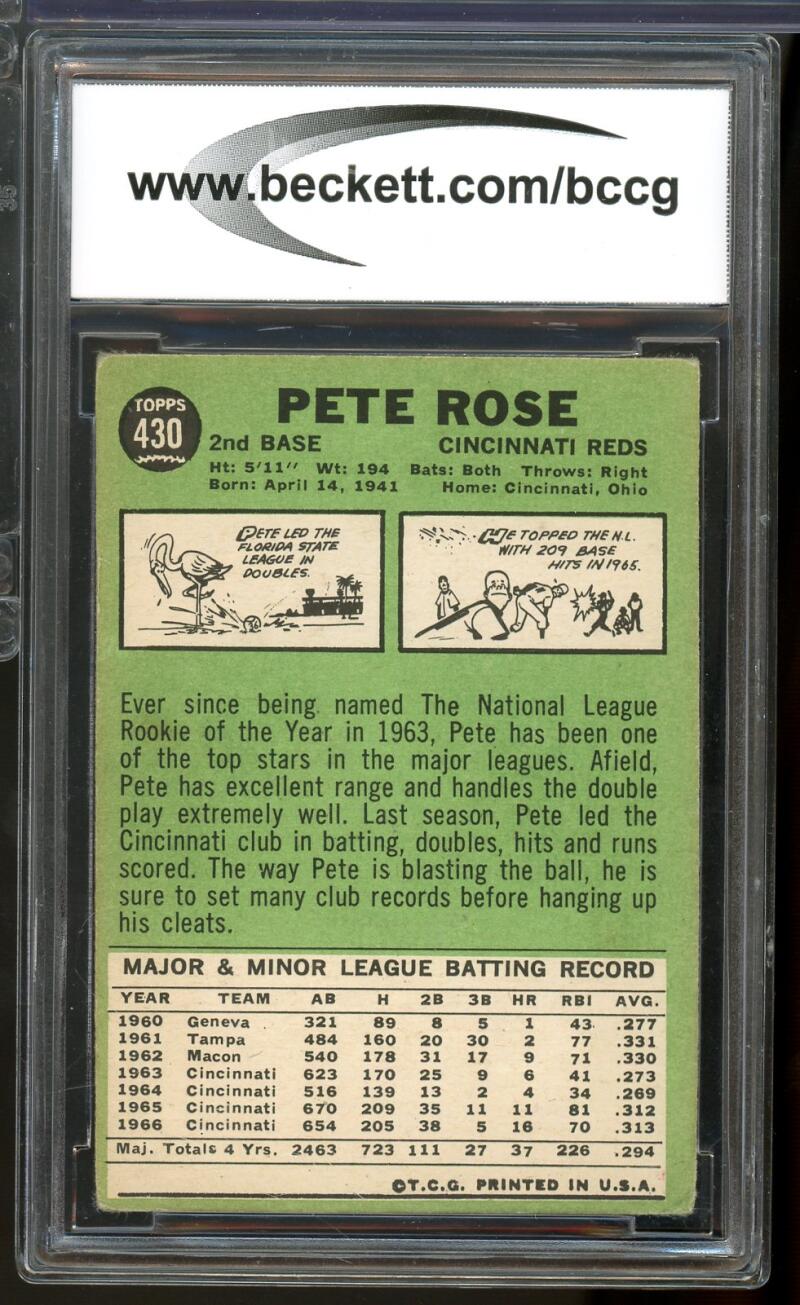 1967 Topps #430 Pete Rose Card BGS BCCG 6 Good+ Image 2
