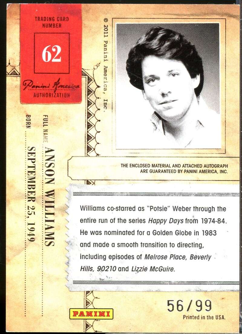 Anson Williams 2011 Panini Americana Private Star Material No Autograph /99 #62  Image 2