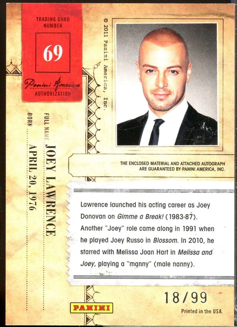 Joey Lawrence 2011 Panini Americana Private Stars Material No Autograph /99 #69  Image 2