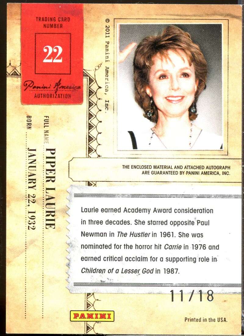 Piper Laurie 2011 Panini Americana Private Stars Material No Autograph /18 #22  Image 2