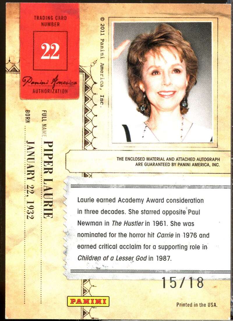 Piper Laurie 2011 Panini Americana Private Stars Material No Autograph /18 #22  Image 2