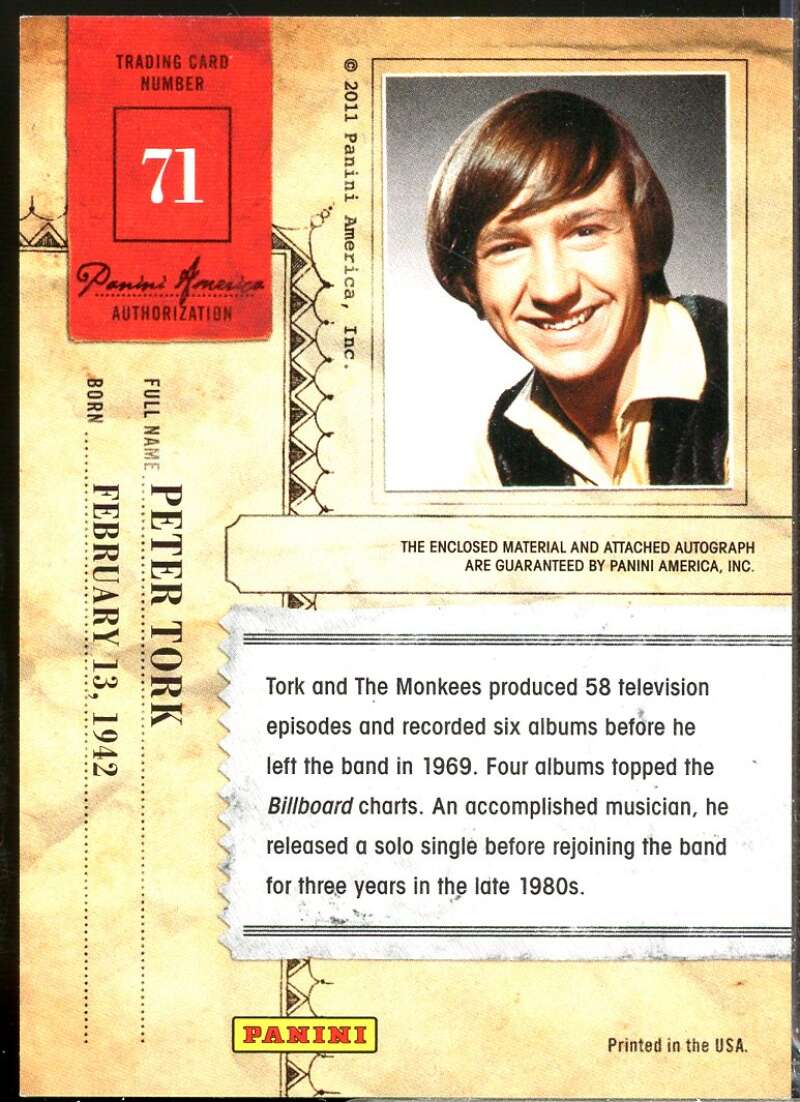 Peter Tork Card 2011 Panini Americana Private Stars Materials No Autograph #71  Image 2