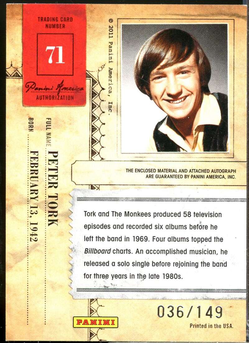 Peter Tork 2011 Panini Americana Private Stars Materials No Autograph /149 #71  Image 2