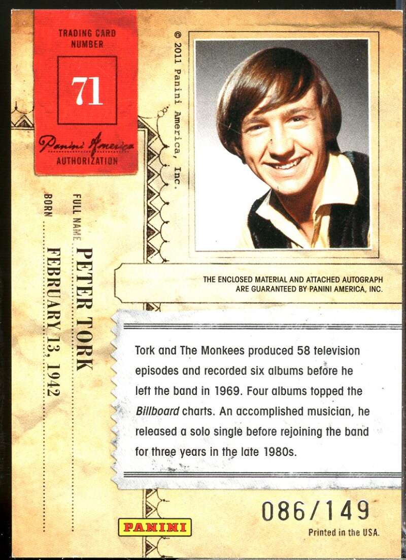 Peter Tork 2011 Panini Americana Private Stars Materials No Autograph /149 #71  Image 2