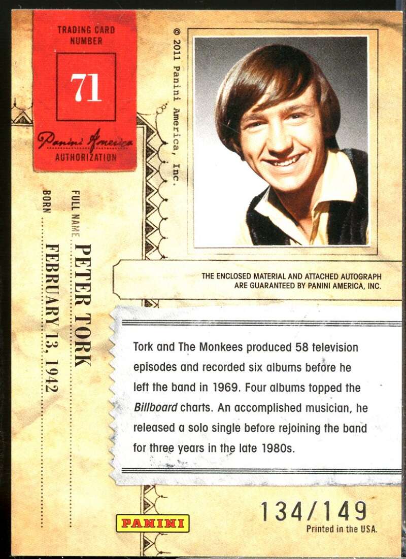 Peter Tork 2011 Panini Americana Private Stars Materials No Autograph /149 #71  Image 2