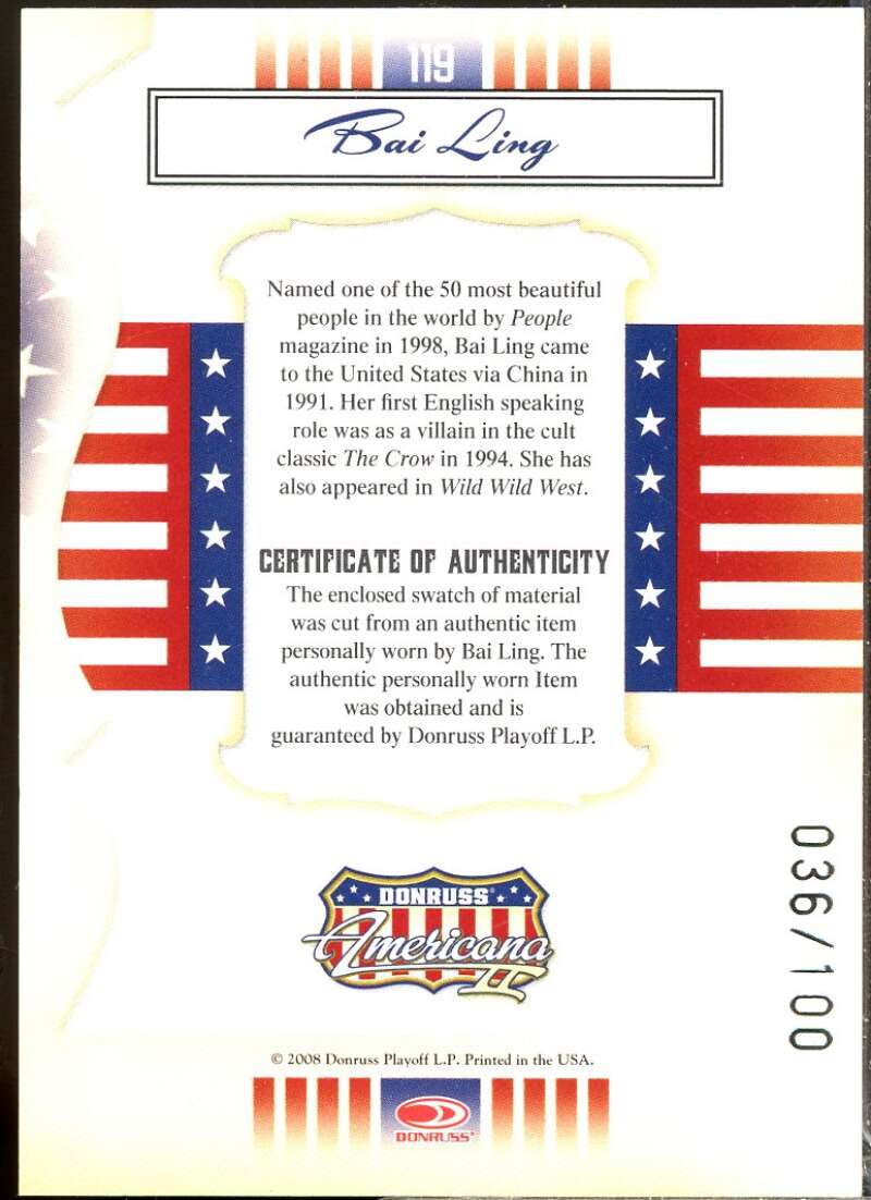 Bai Ling Card 2008 Americana II Stars Material Silver Proofs /100 #119  Image 2