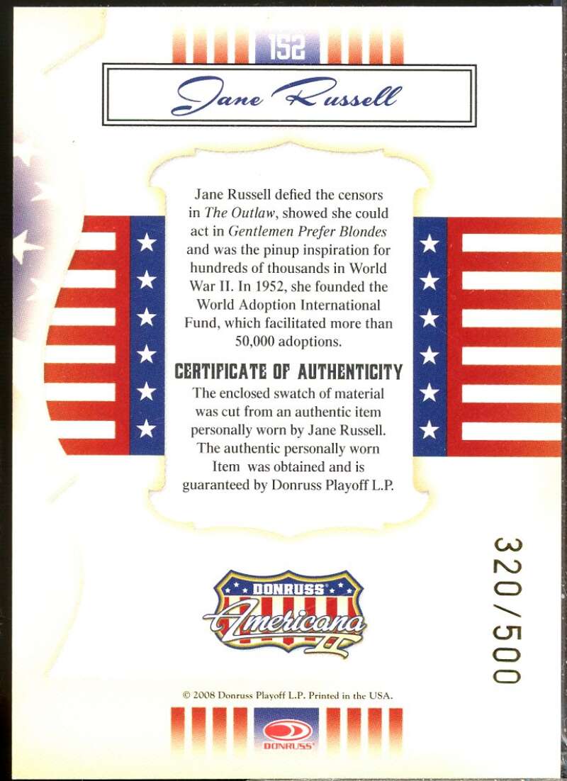 Jane Russell Card 2008 Americana II Stars Material /500 #152  Image 2