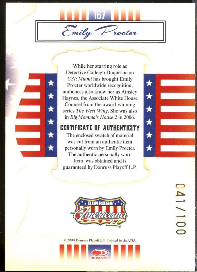 Emily Procter Card 2008 Americana II Stars Material Silver Proofs /100 #167  Image 2