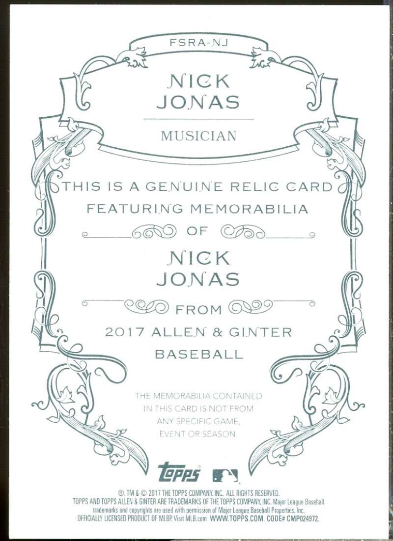 Nick Jonas Card 2017 Topps Allen and Ginter Relics #FSRANJ  Image 2
