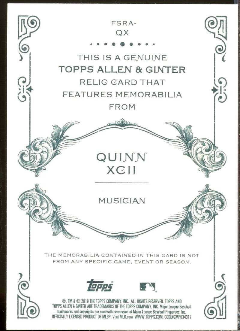 Quinn XCII Card 2019 Topps Allen and Ginter Relics #FSRAQX  Image 2