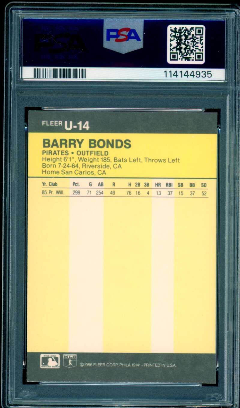 Barry Bonds Rookie Card 1986 Fleer Update #U-14 PSA 8 Image 2