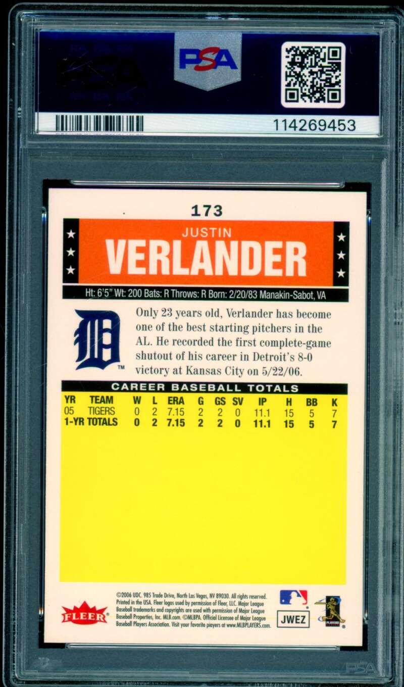 Justin Verlander Rookie Card 2006 Fleer Tradition #173 PSA 10 Image 2