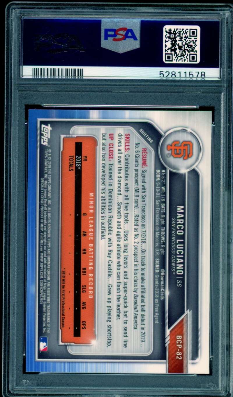 Marco Luciano Rookie Card 2019 Bowman Prospects Chrome #82 PSA 10 Image 2
