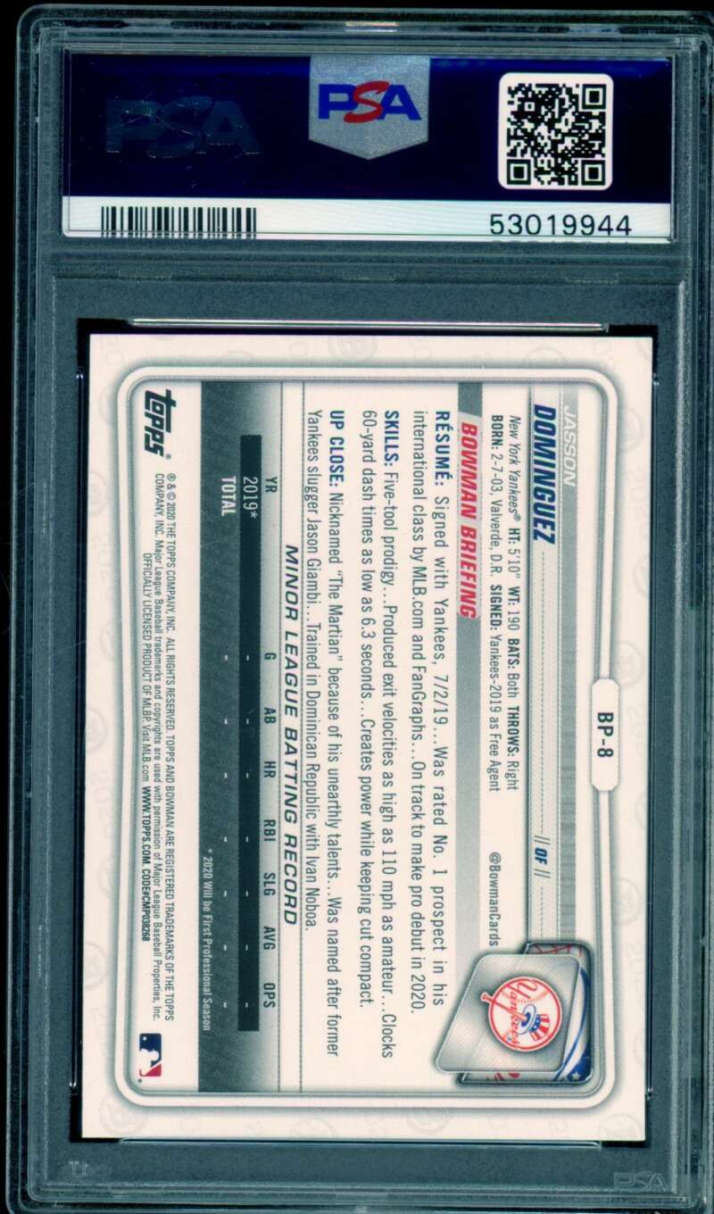 Jasson Dominguez Rookie Card 2020 Bowman Paper Prospects #BP8 PSA 10 Image 2
