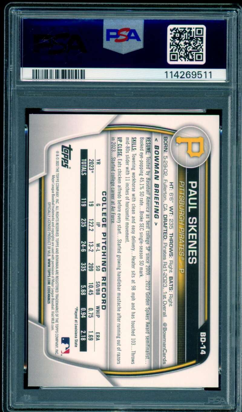 Paul Skenes Rookie Card 2023 Bowman Draft #BD14 PSA 9 Image 2