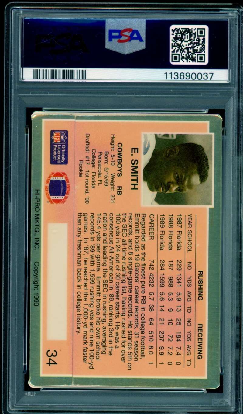 Emmitt Smith Rookie Card 1990 Action Packed Rookie Update #34 PSA 9 Image 2