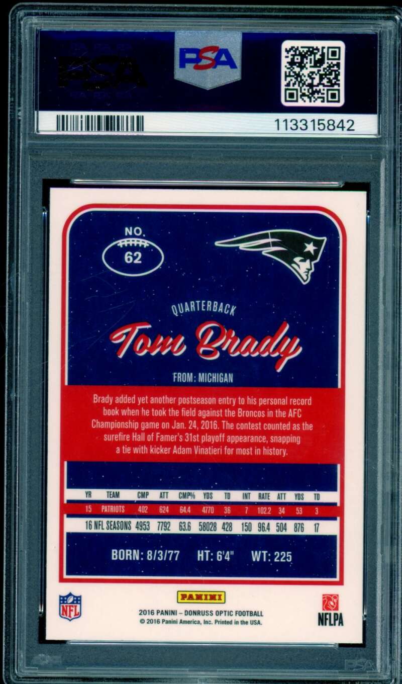 Tom Brady Card 2016 Panini Donruss Optic #62 PSA 9 Image 2