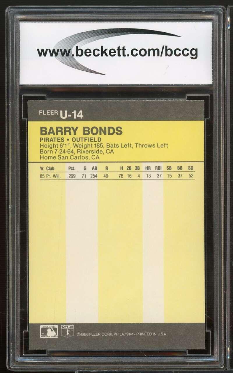 1986 Fleer Update #U-14 Barry Bonds Rookie Card BGS BCCG 10 Mint+ Image 2