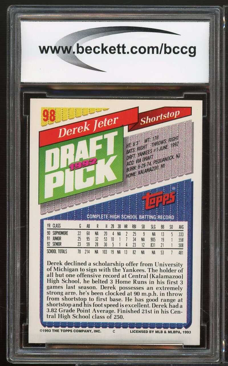 1993 Topps Gold #98 Derek Jeter Rookie Card BGS BCCG 10 Mint+ Image 2