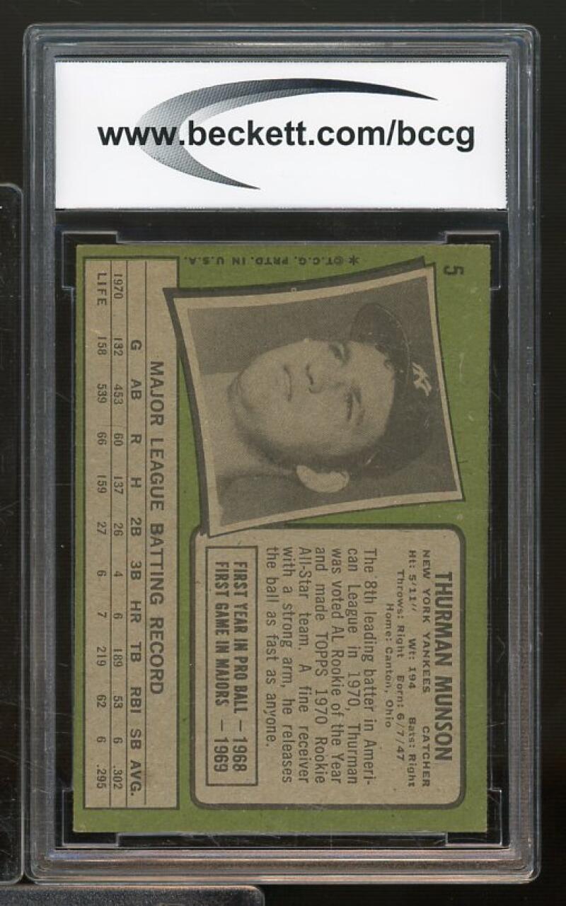 1971 Topps (All-Star Rookie) #5 Thurman Munson Card BGS BCCG 8 Excellent+ Image 5