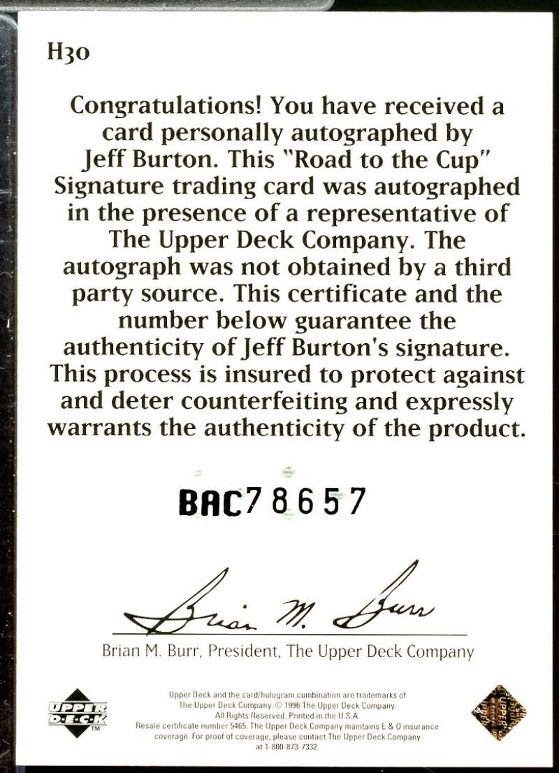 Jeff Burton Card 1996 Upper Deck Road To The Cup Autographs #H30  Image 2