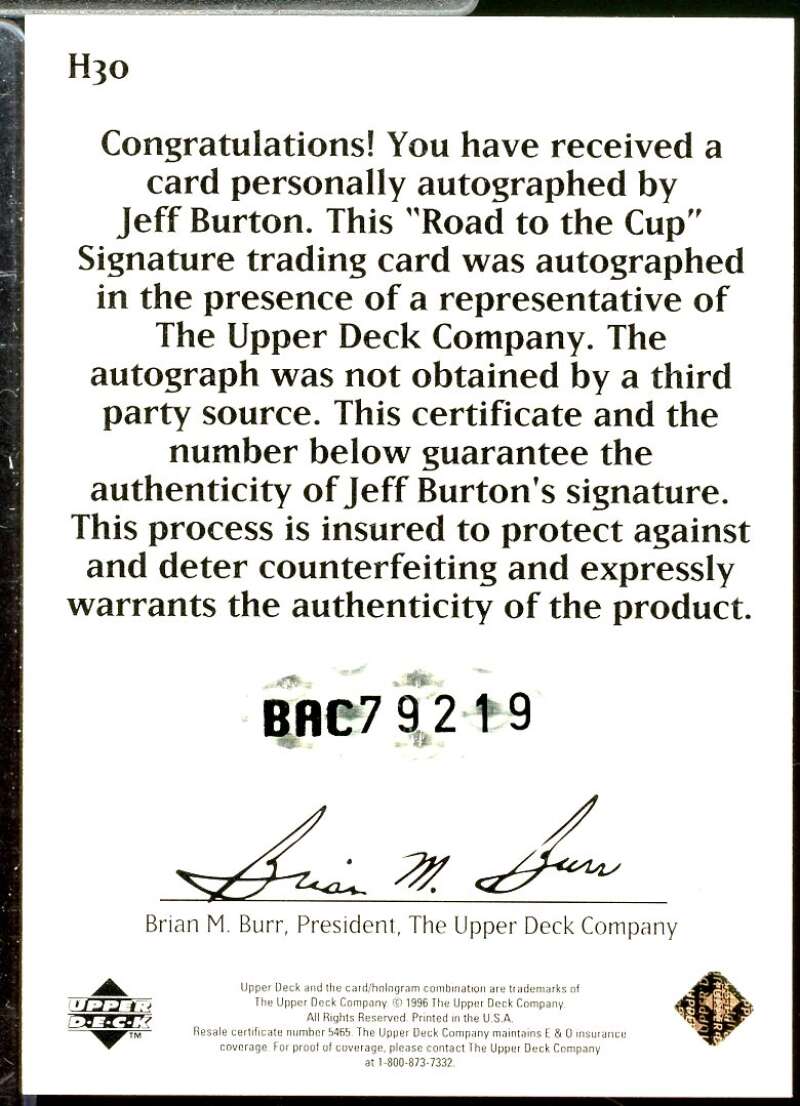 Jeff Burton Card 1996 Upper Deck Road To The Cup Autographs #H30  Image 2