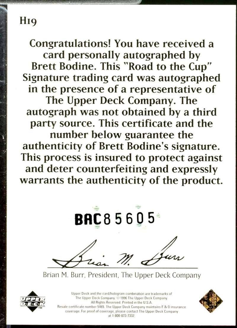 Brett Bodine Card 1996 Upper Deck Road To The Cup Autographs #H19  Image 2