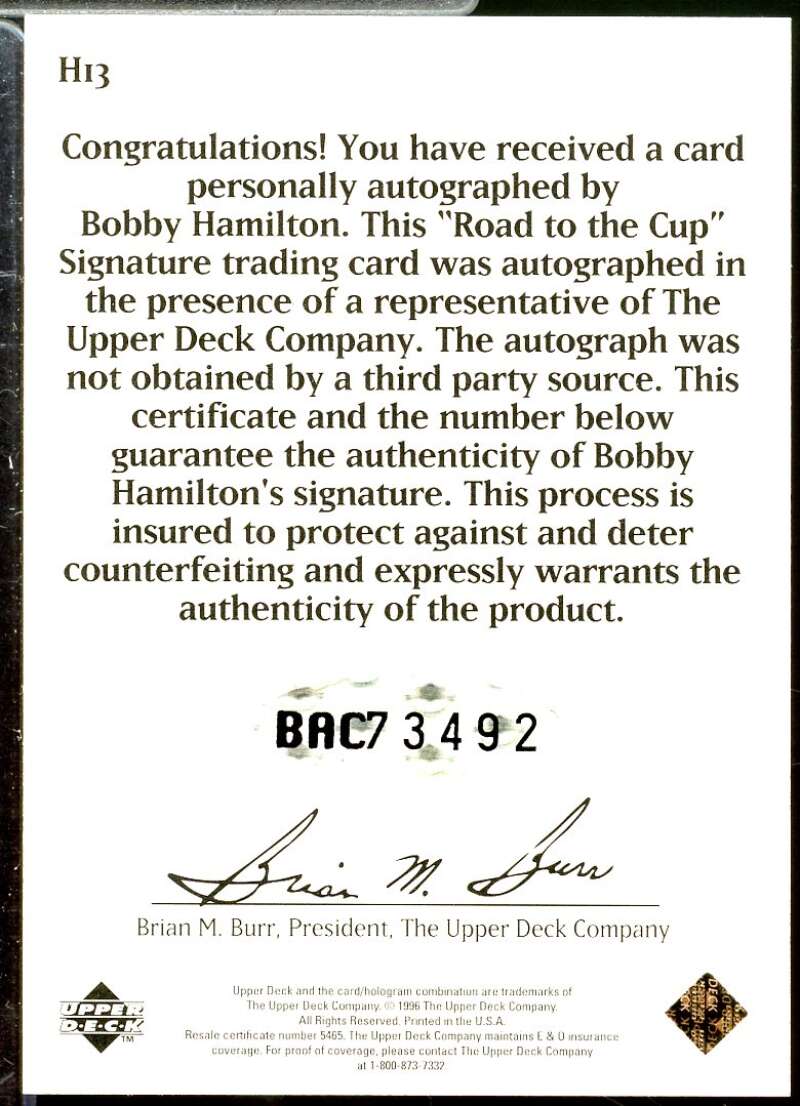 Bobby Hamilton Card 1996 Upper Deck Road To The Cup Autographs #H13  Image 2