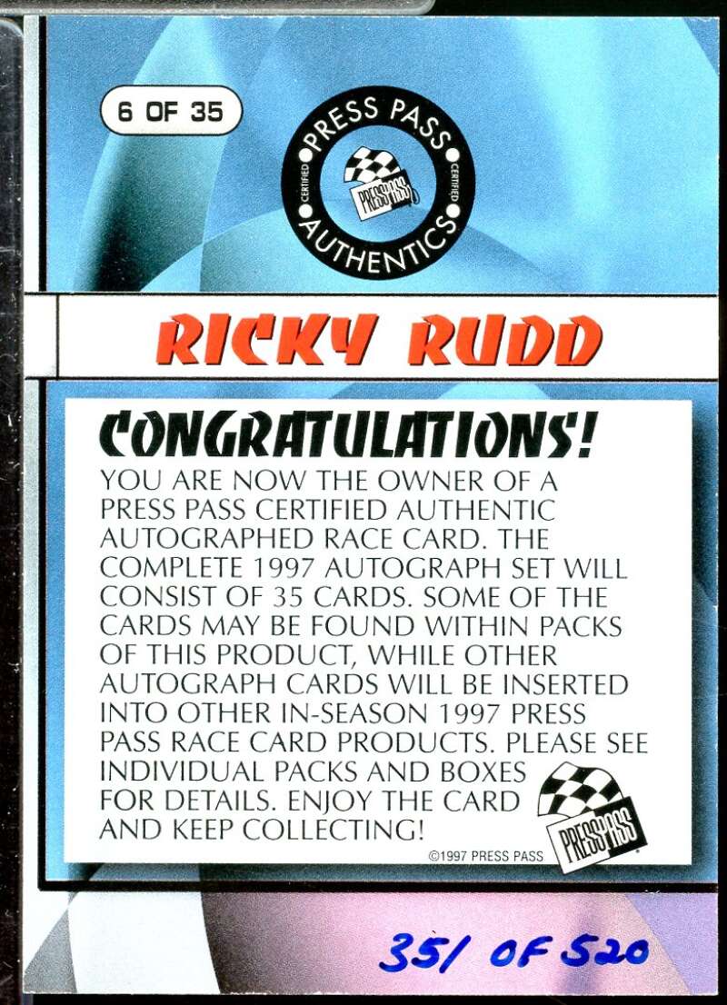 Ricky Rudd VIP/ACTN Card 1997 Press Pass Autographs #6  Image 2