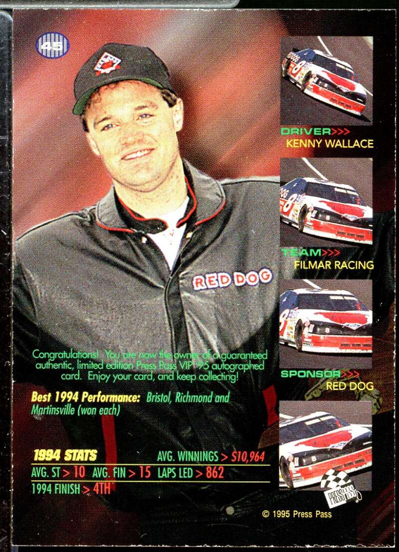 Kenny Wallace Card 1995 VIP Autographs #45  Image 2