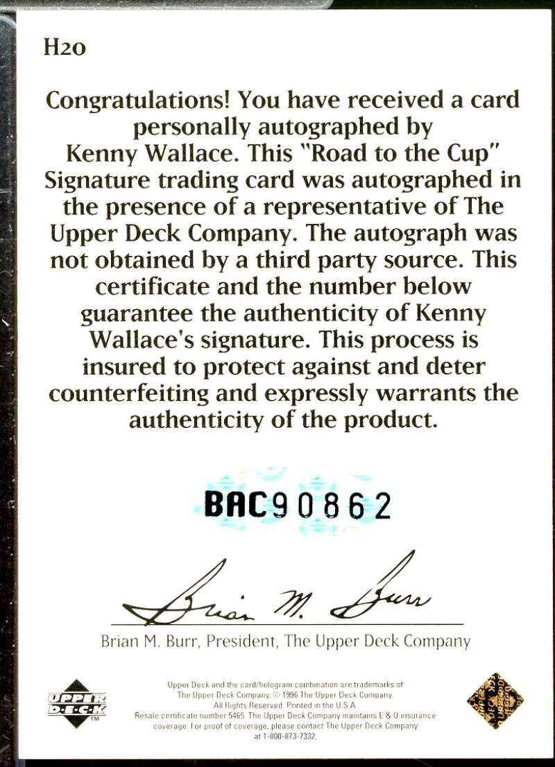 Kenny Wallace Card 1996 Upper Deck Road To The Cup Autographs #H20  Image 2