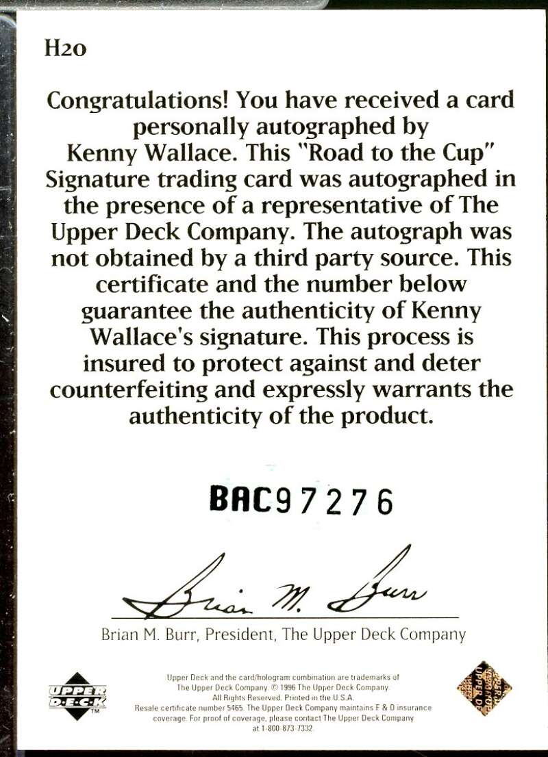 Kenny Wallace Card 1996 Upper Deck Road To The Cup Autographs #H20  Image 2