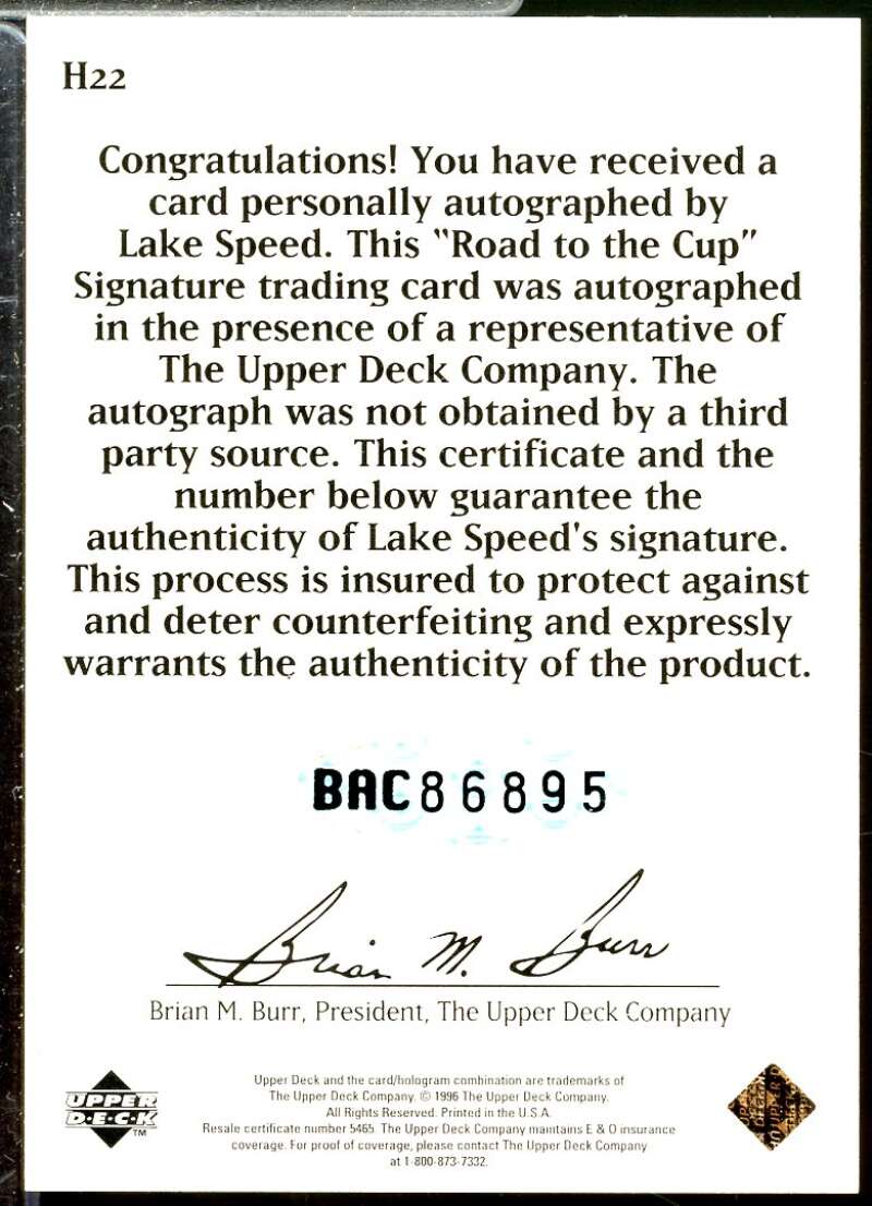 Lake Speed Card 1996 Upper Deck Road To The Cup Autographs #H22  Image 2