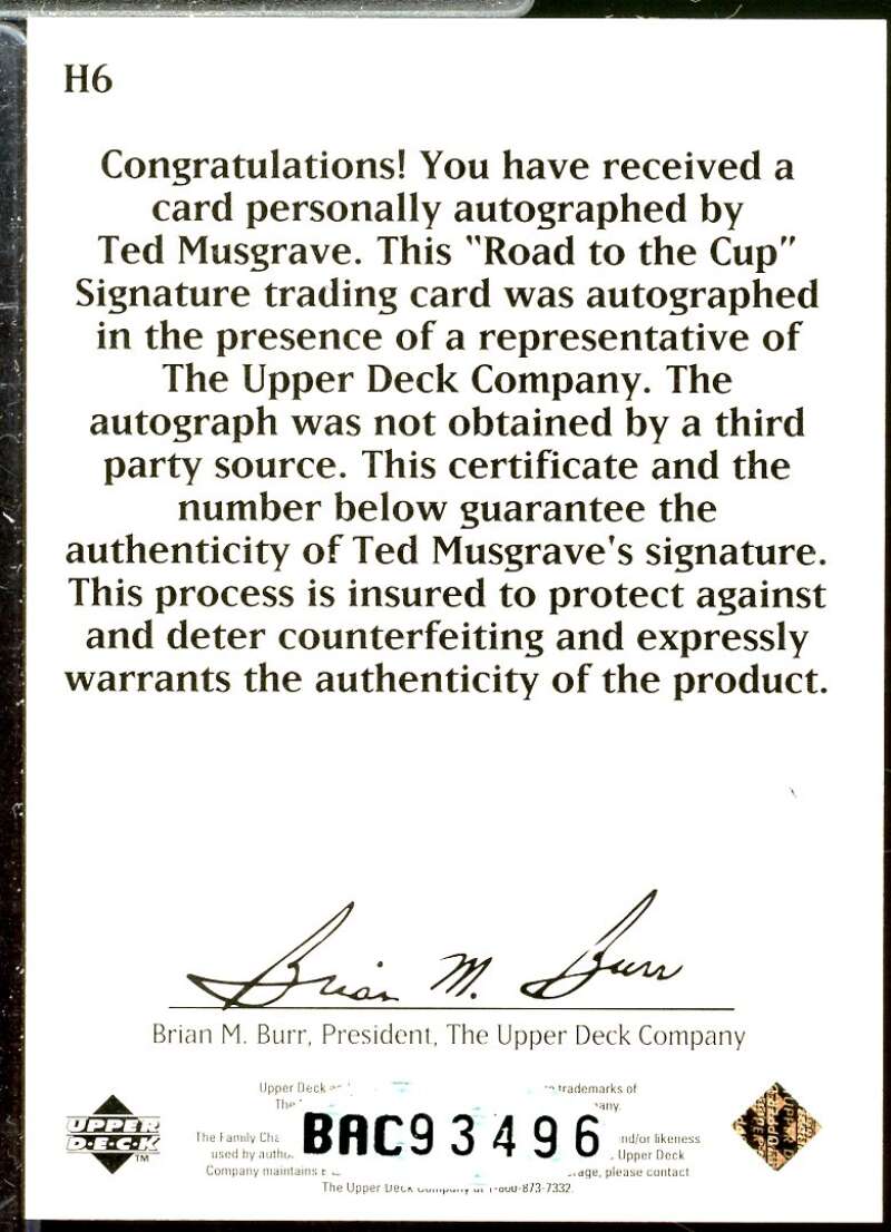 Ted Musgrave Card 1996 Upper Deck Road To The Cup Autographs #H6  Image 2