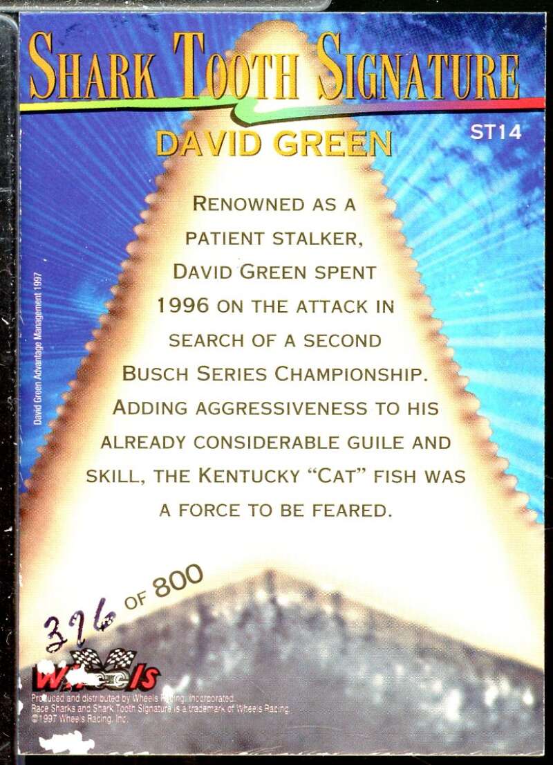 David Green Card 1997 Race Sharks Shark Tooth Signatures #ST14  Image 2
