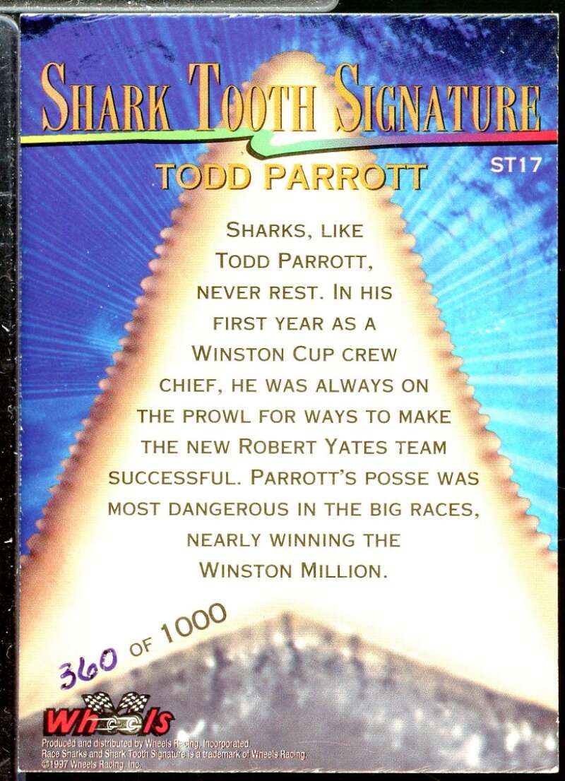 Todd Parrott Card 1997 Race Sharks Shark Tooth Signatures #ST17  Image 2