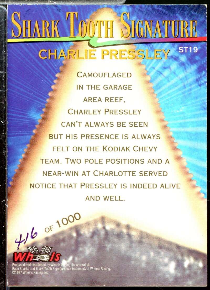 Charlie Pressley Card 1997 Race Sharks Shark Tooth Signatures #ST19  Image 2