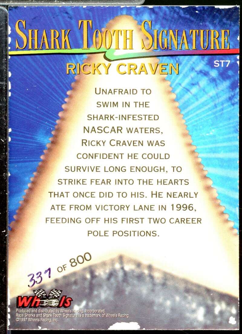 Ricky Craven Card 1997 Race Sharks Shark Tooth Signatures #ST7  Image 2