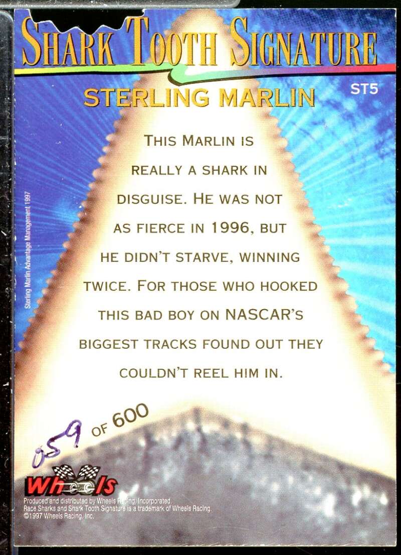 Sterling Marlin Card 1997 Race Sharks Shark Tooth Signatures First Bite #ST5  Image 2