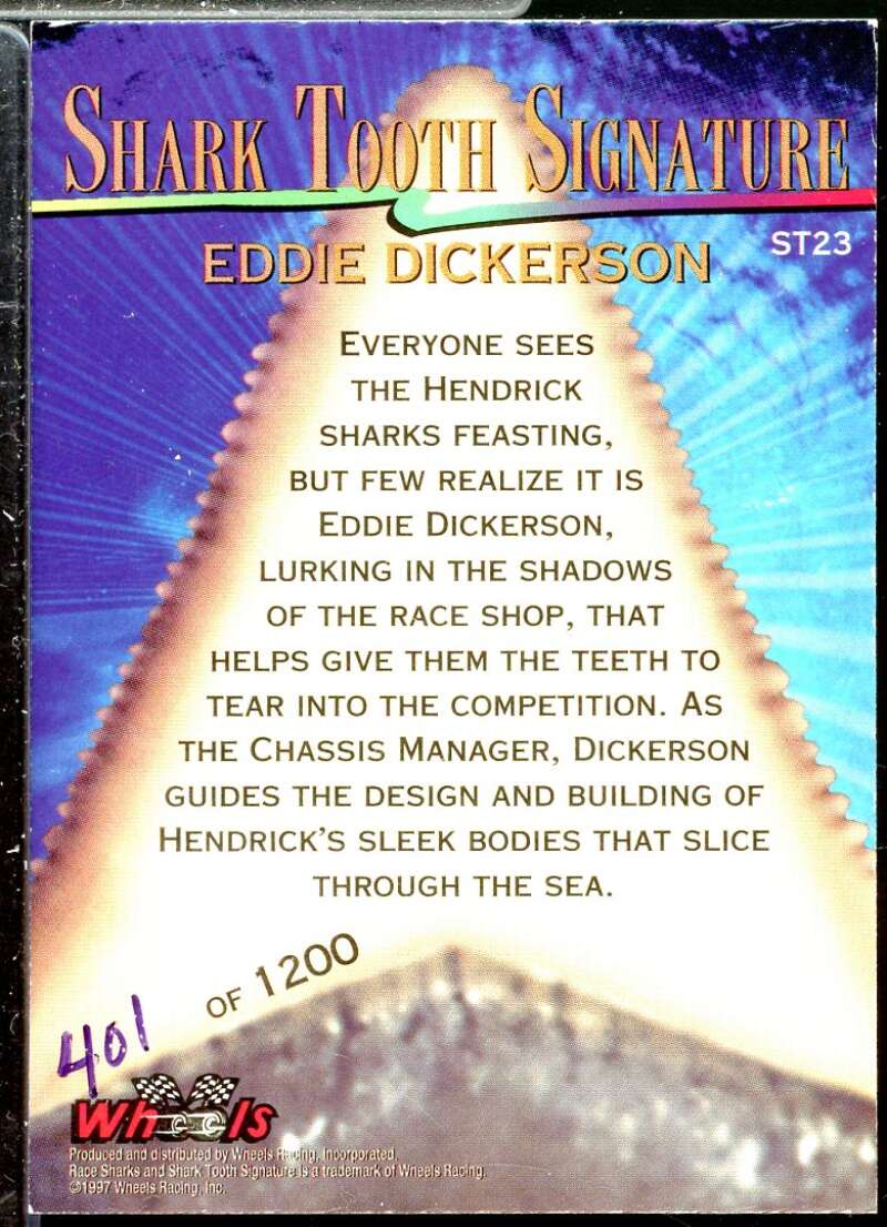 Eddie Dickerson Card 1997 Race Sharks Shark Tooth Signatures #ST23  Image 2