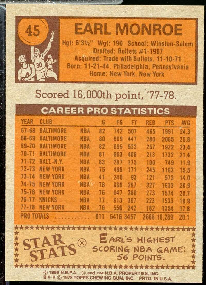 Earl Monroe Card 1978-79 Topps #45  Image 2