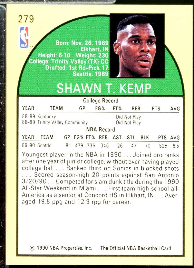 Shawn Kemp Rookie Card 1990-91 Hoops #279  Image 2