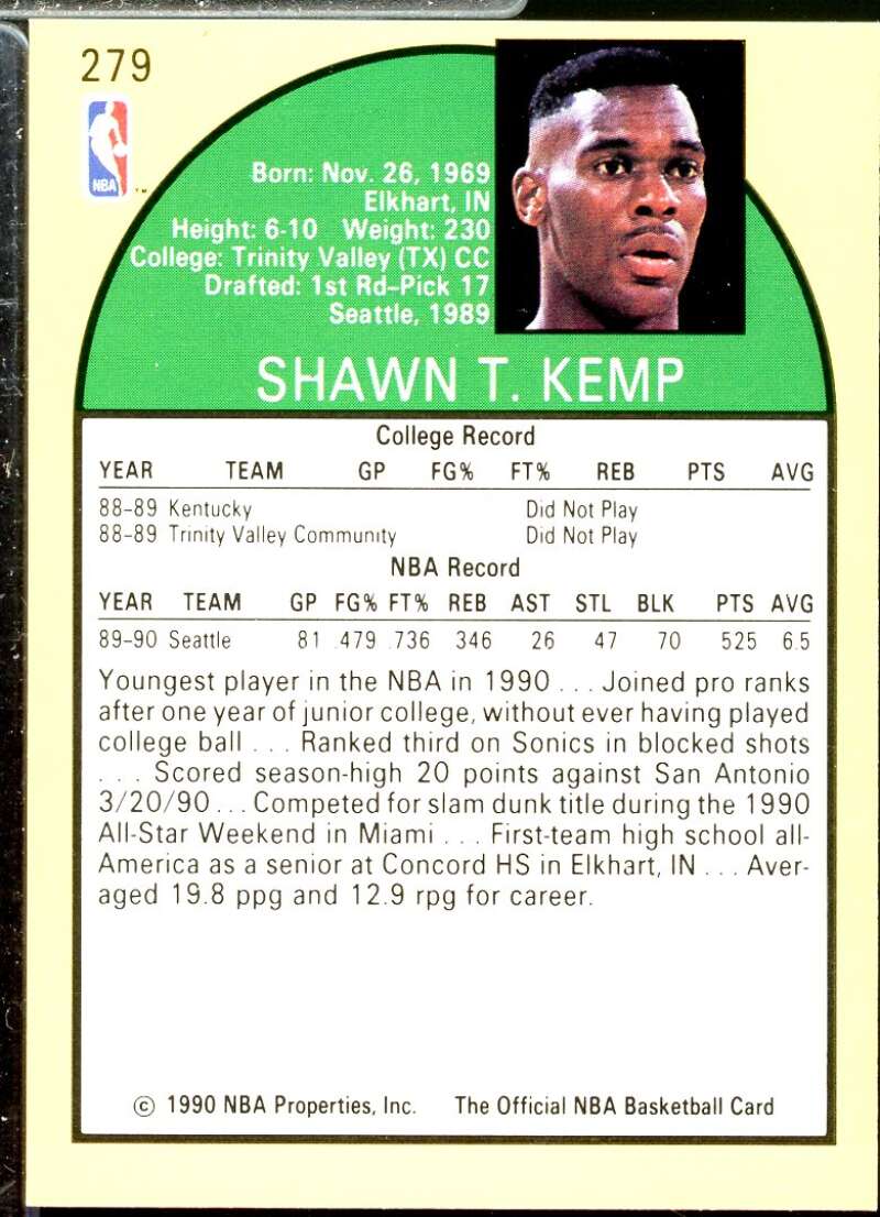 Shawn Kemp Rookie Card 1990-91 Hoops #279  Image 2