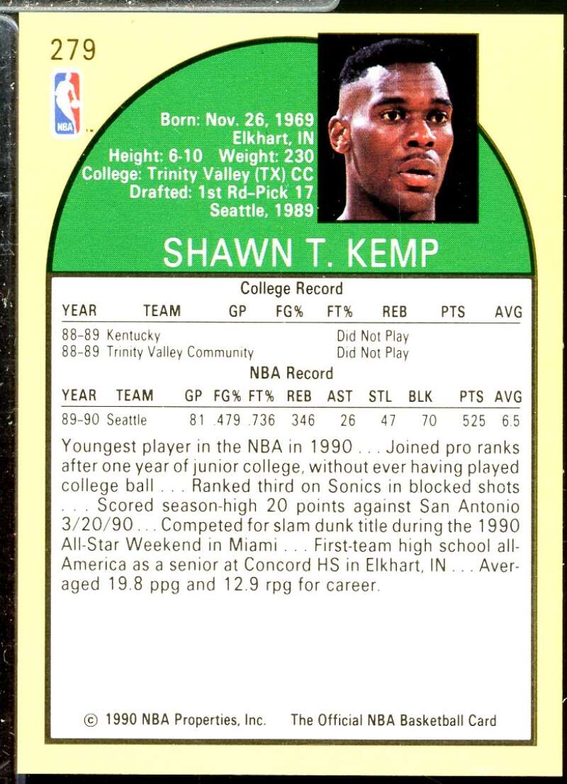 Shawn Kemp Rookie Card 1990-91 Hoops #279  Image 2