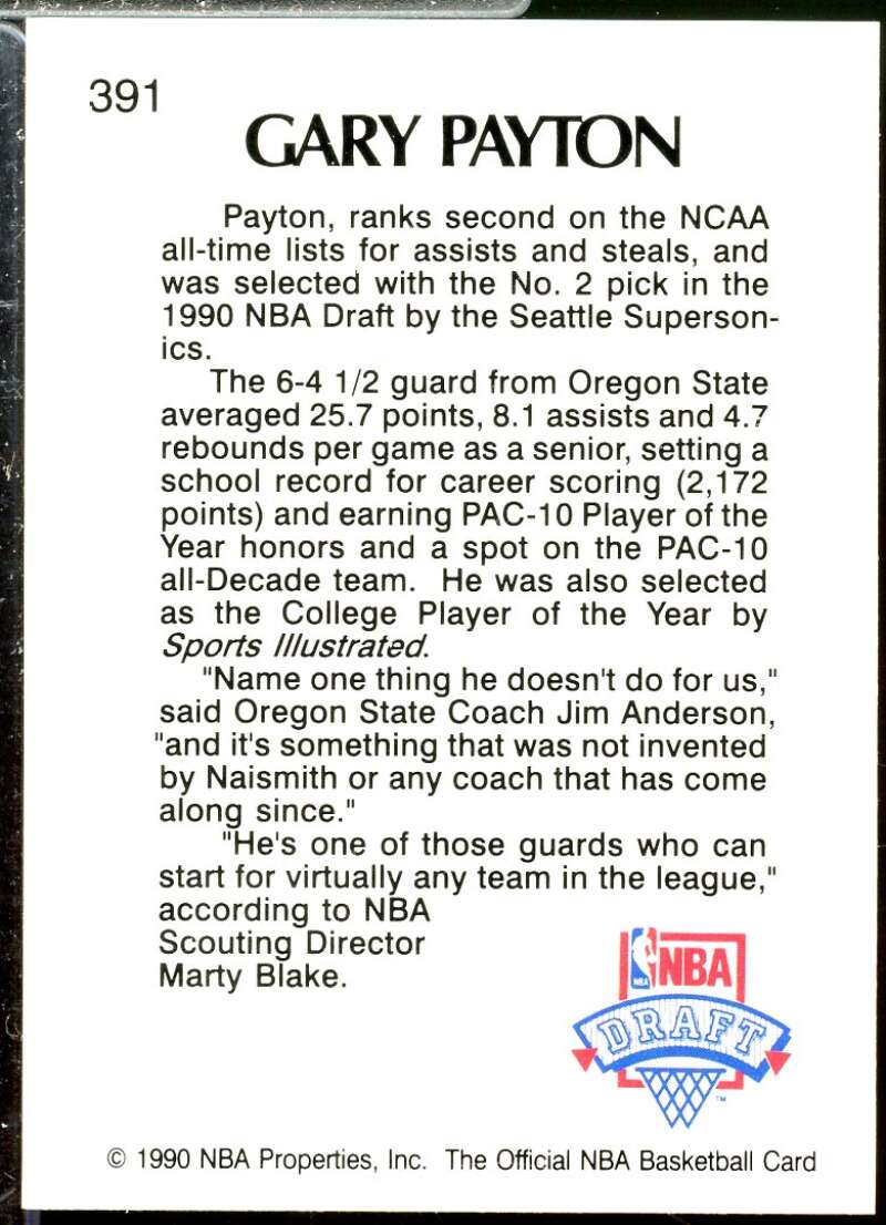 Gary Payton Rookie Card 1990-91 Hoops #391  Image 2