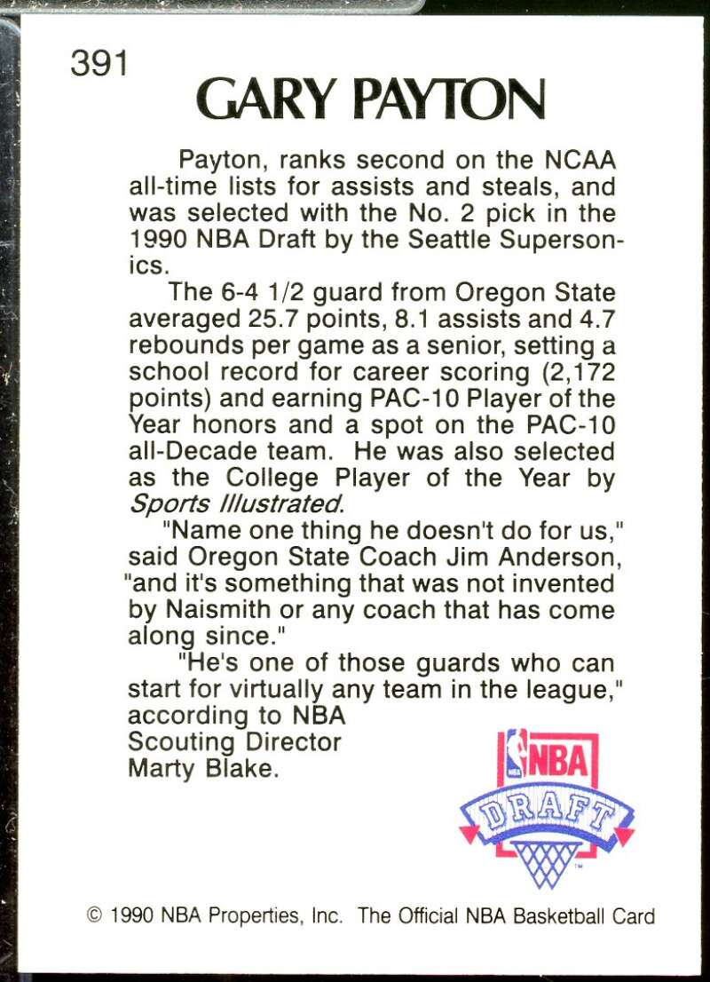 Gary Payton Rookie Card 1990-91 Hoops #391  Image 2