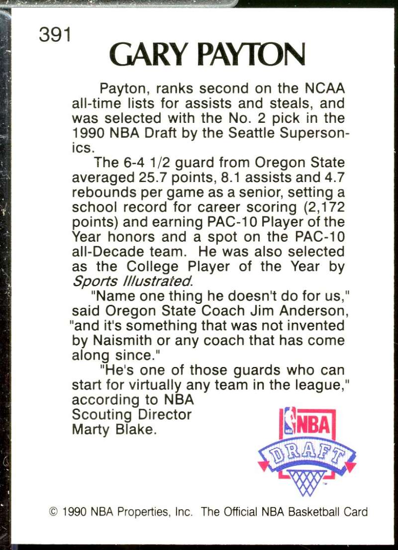 Gary Payton Rookie Card 1990-91 Hoops #391  Image 2