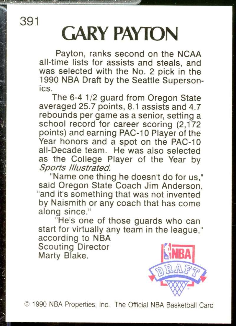 Gary Payton Rookie Card 1990-91 Hoops #391  Image 2
