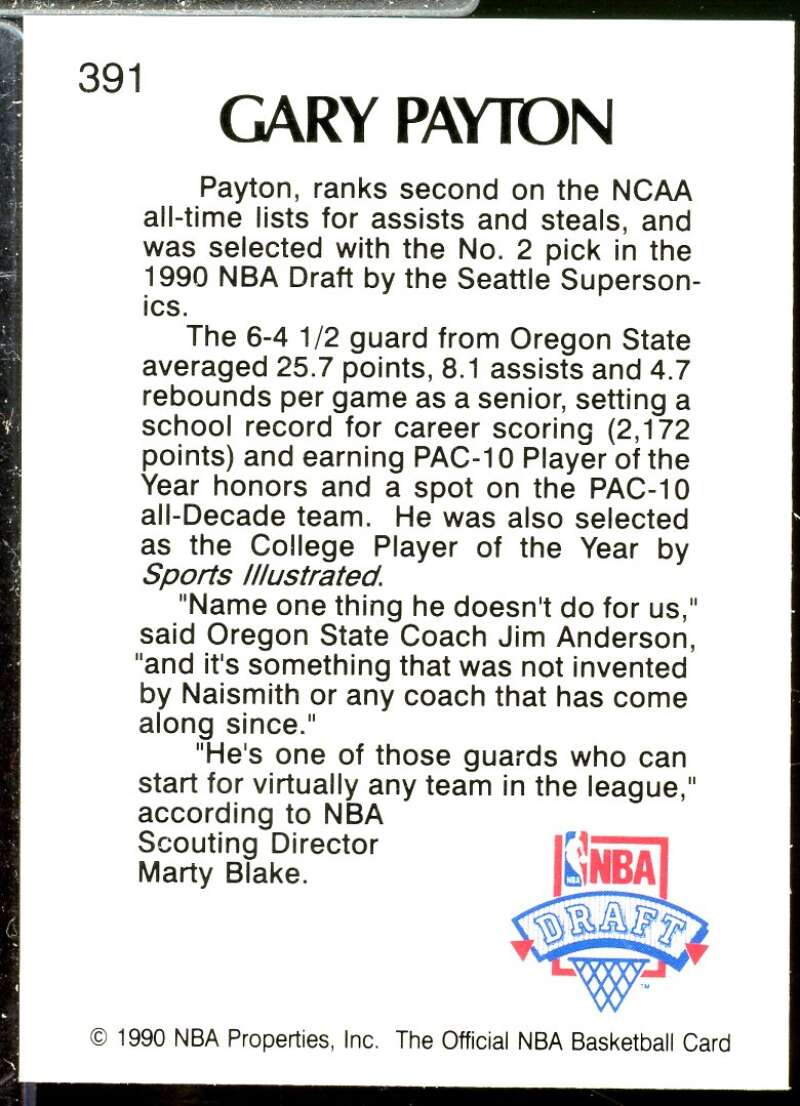 Gary Payton Rookie Card 1990-91 Hoops #391  Image 2
